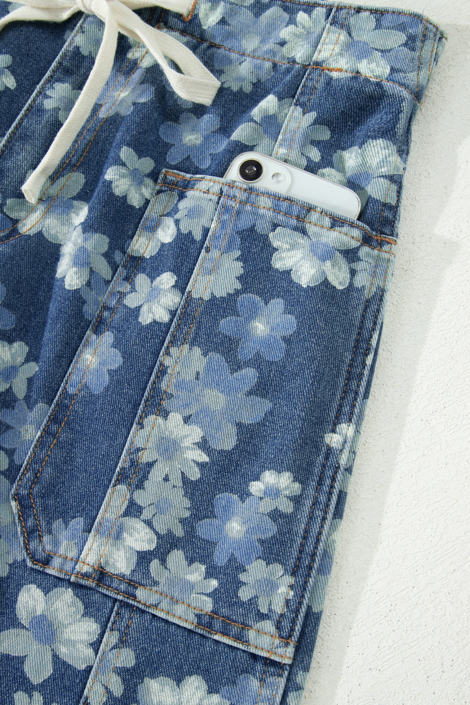 Sky Blue Dainty Floral Printed Drawstring Barrel Jeans by Wild and Free Boutique