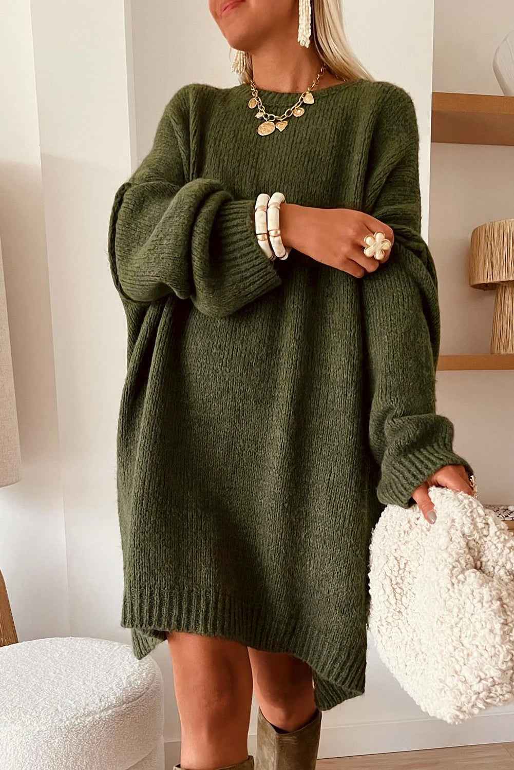 Pale Khaki Oversize Drop Shoulder Slouchy Sweater Dress by Wild and Free Boutique