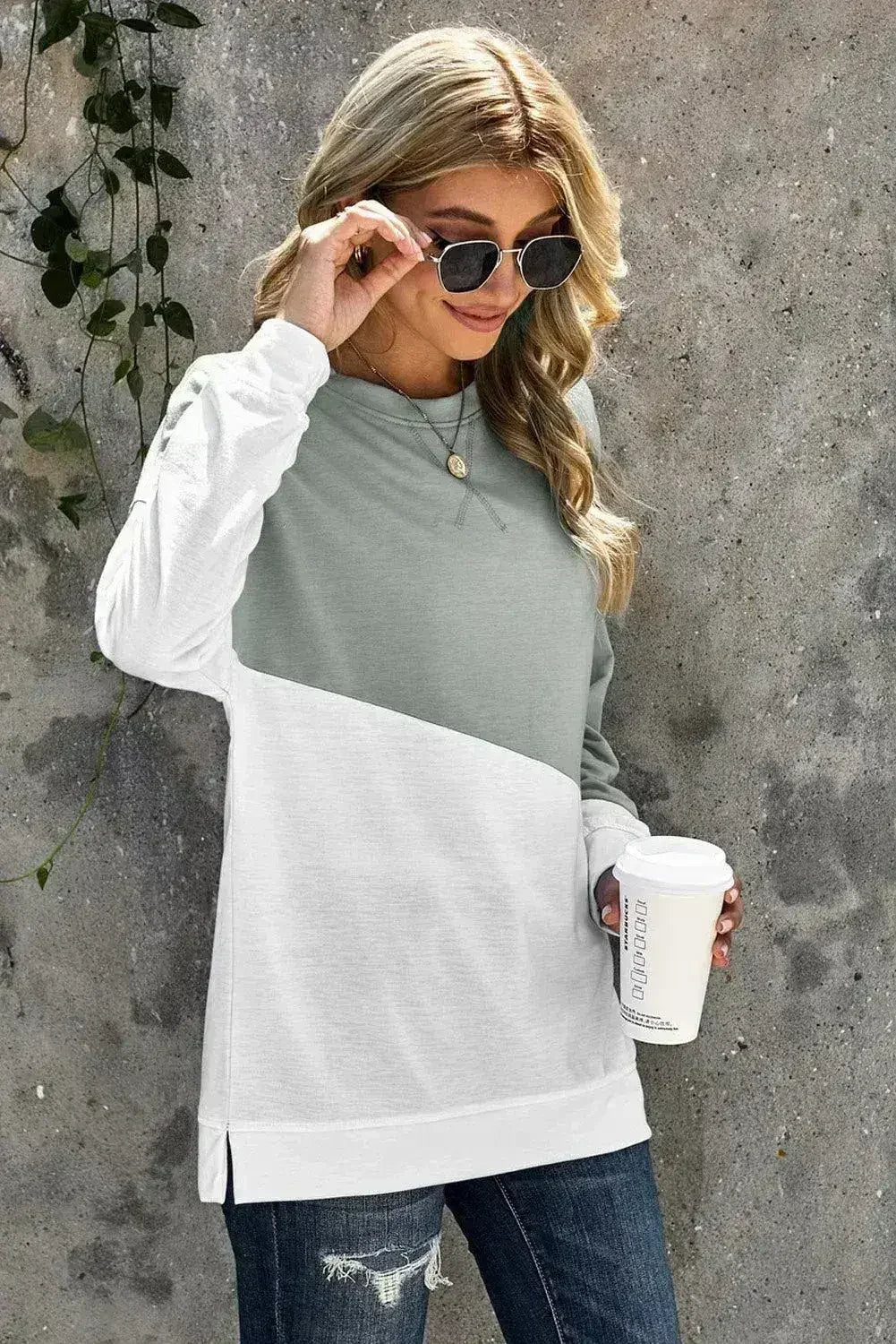 Gray White Patchwork Dropped Shoulder Sleeve Sweatshirt by Femstylo