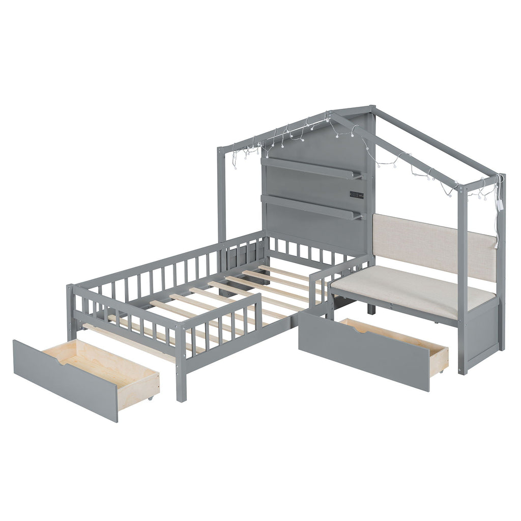 House Bed With Upholstered Sofa, Wireless Charging Station, Shelves And 2 Drawers by Unique Piece Furniture