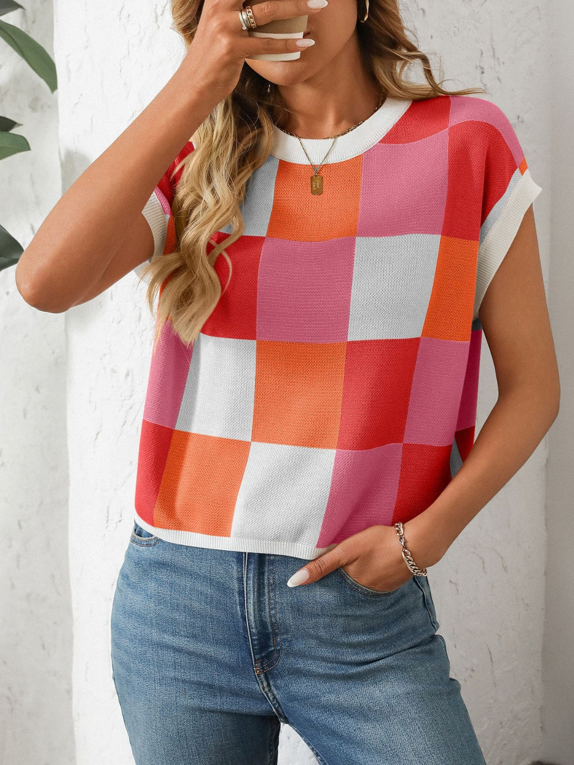 Mandy Checkered Round Neck Cap Sleeve Knit Top by Wild and Free Boutique