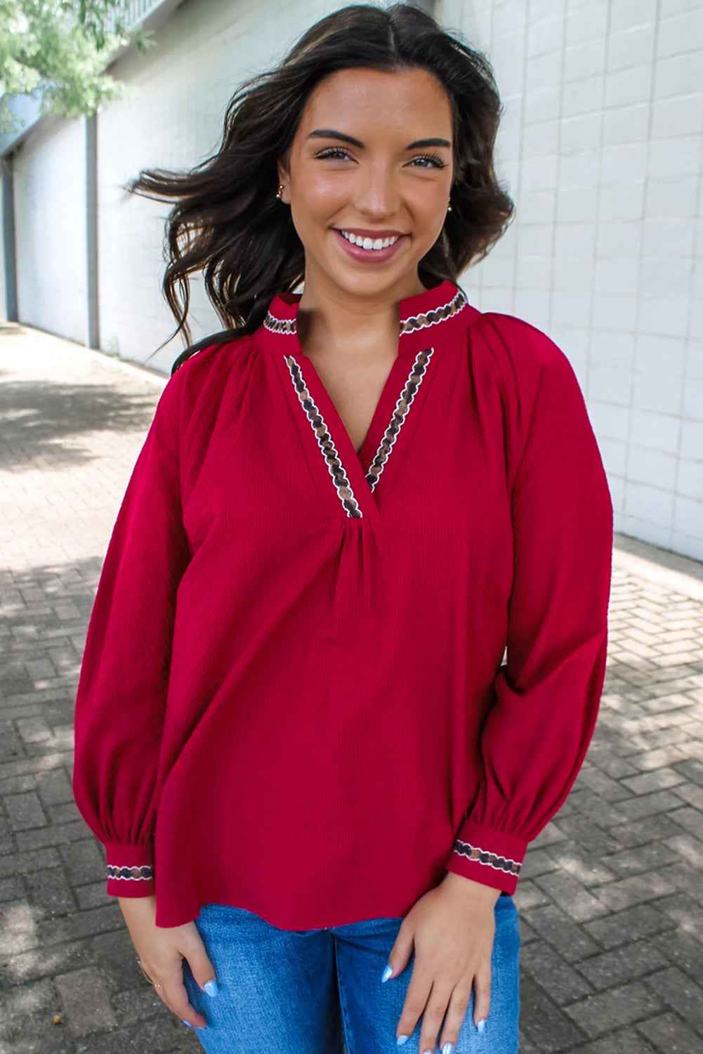 Racing Red Leopard Jacquard Print V Neck Textured Blouse by Wild and Free Boutique
