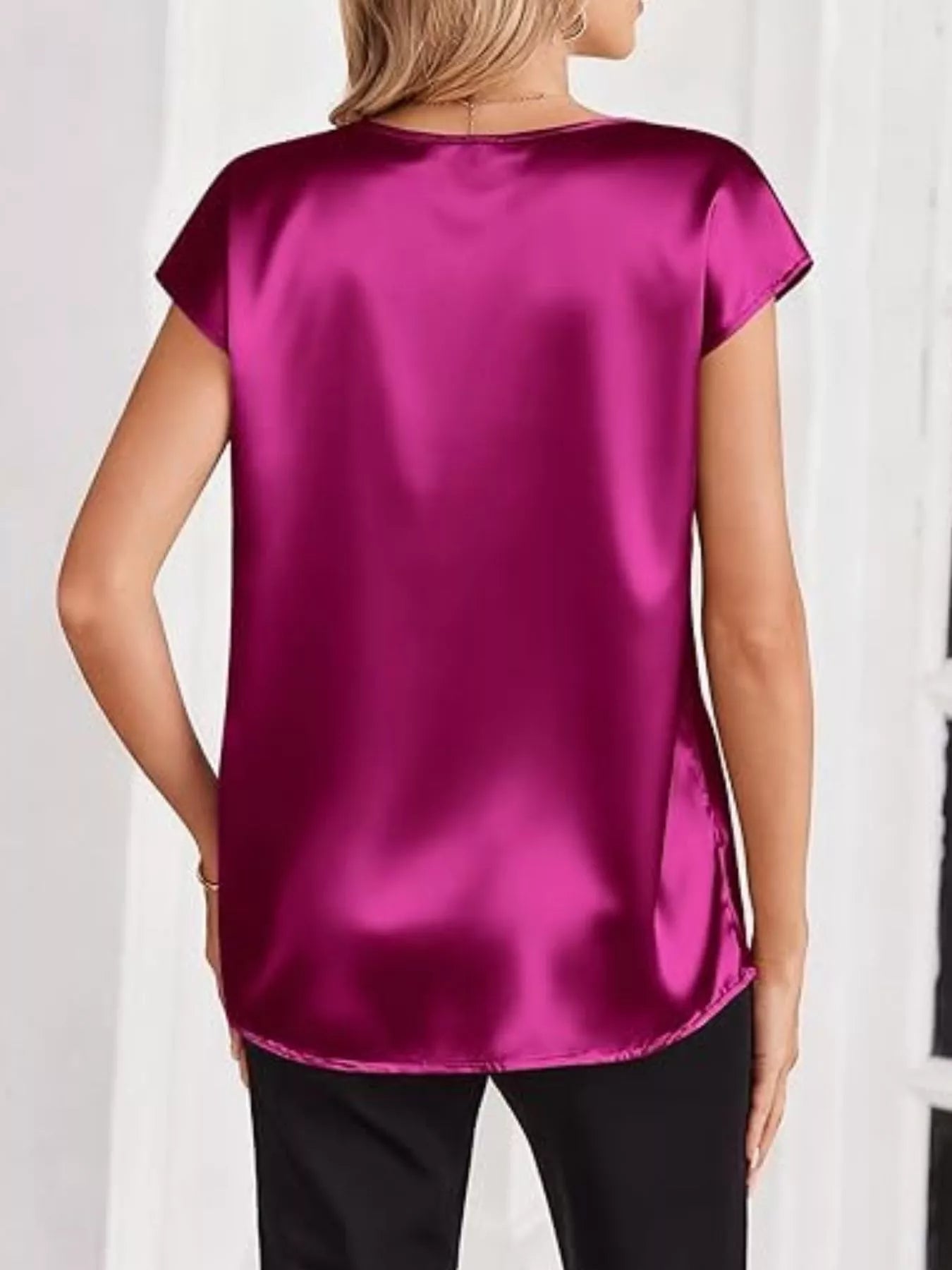Satin V-Neck Short Sleeve Blouse by Wild and Free Boutique