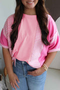 Pink Stripe Waffle Patchwork Loose T-Shirt by Wild and Free Boutique