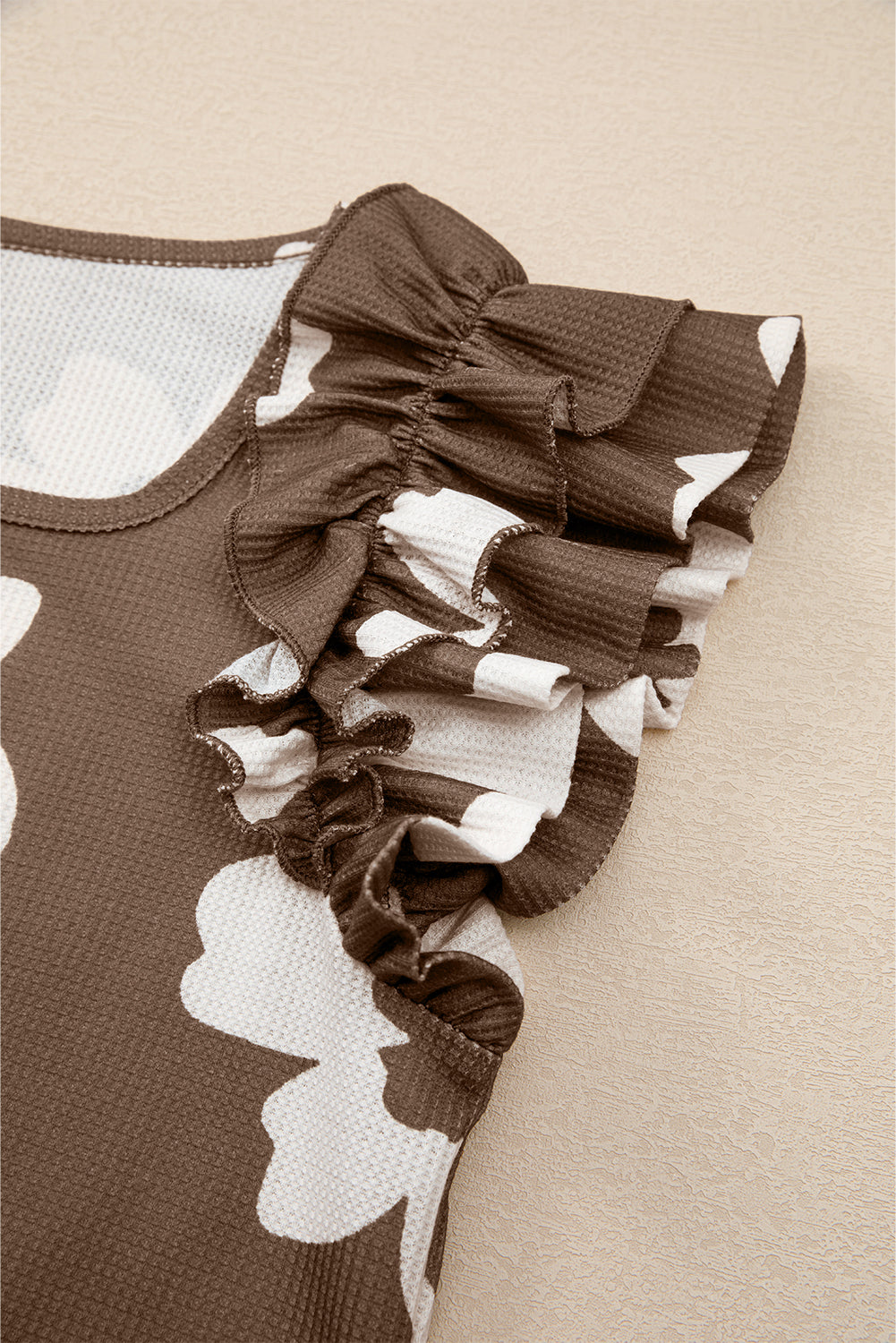 Brown Floral Textured Ruffled Short Sleeve Square Neck Blouse by Wild and Free Boutique