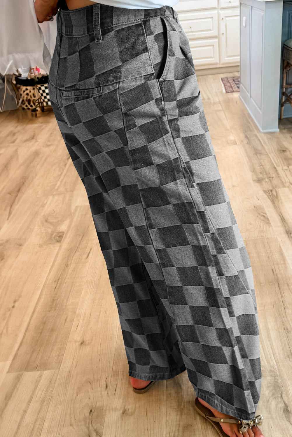 Dark Grey Checkered Denim Wide Leg Jeans by Dear-Lover Dropshipping