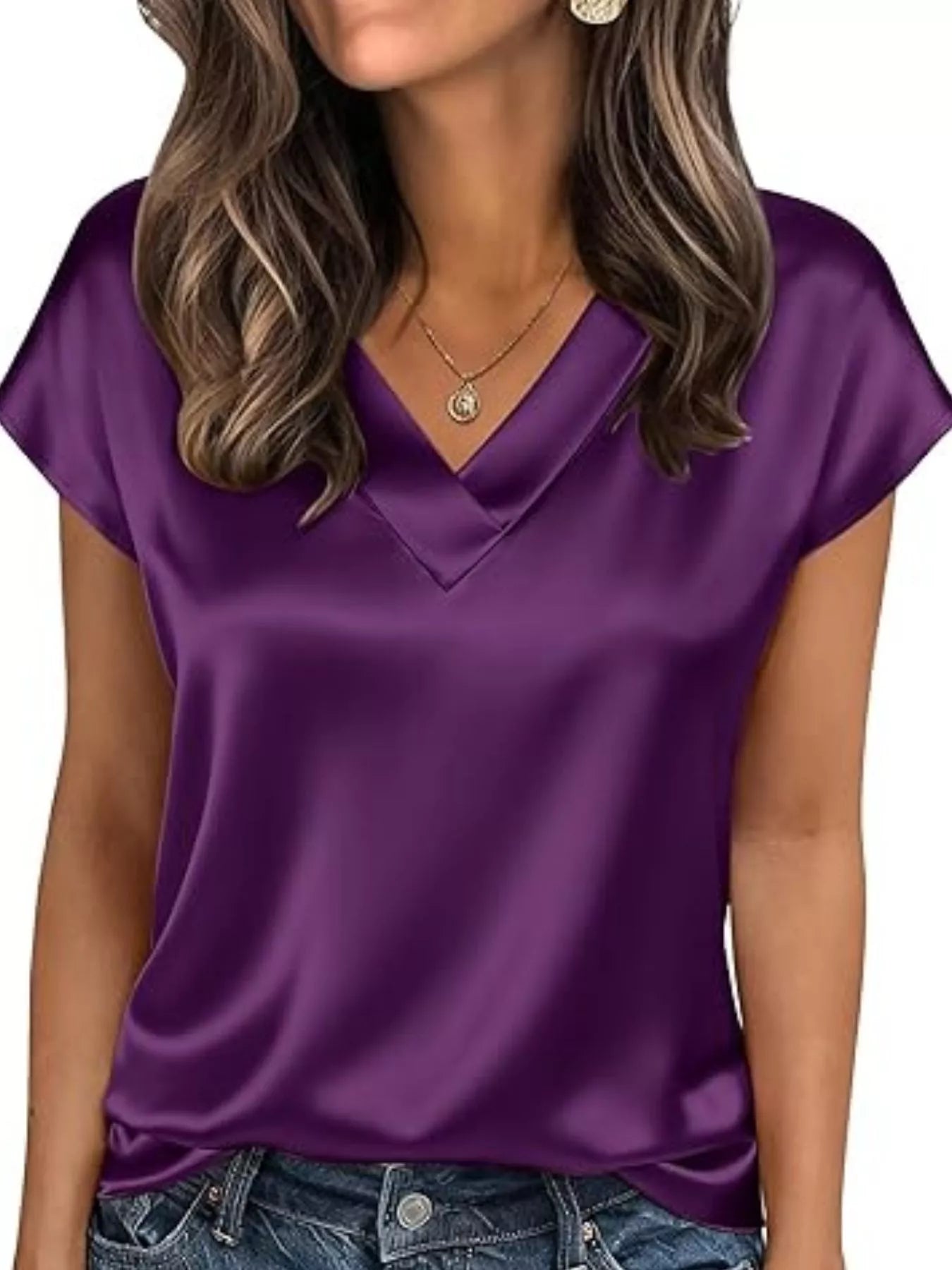Satin V-Neck Short Sleeve Blouse by Wild and Free Boutique