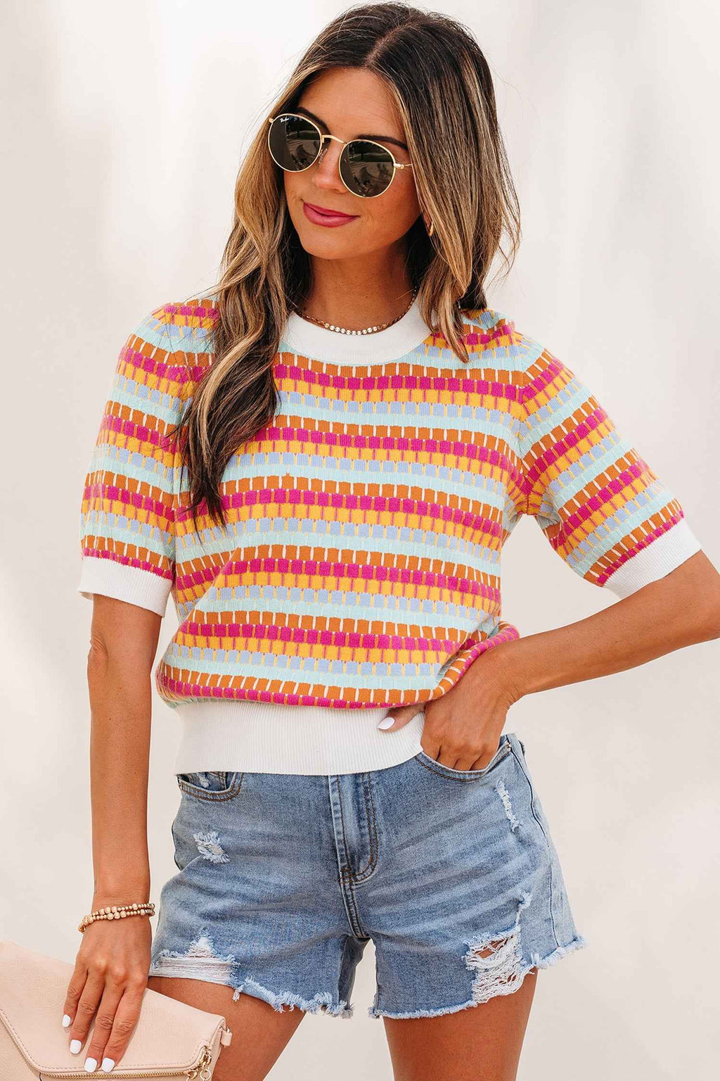 Purple Abstract Striped Knit Short Sleeve Sweater by Wild and Free Boutique