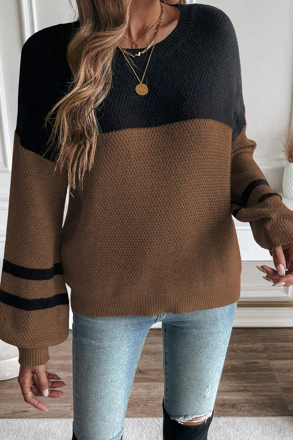 Dark Brown Color Block Knit Striped Sleeve Detail Casual Sweater by Wild and Free Boutique