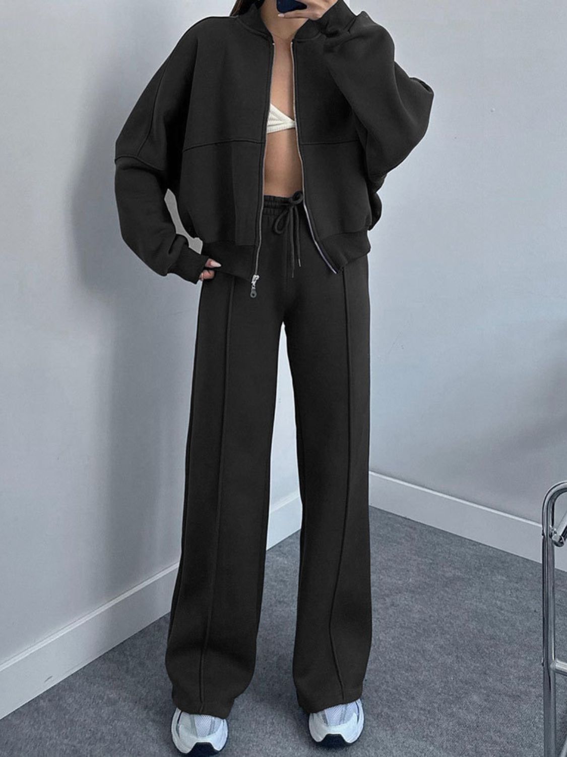 Baseball Collar Zip Up Top and Drawstring Paants Set by Wild and Free Boutique