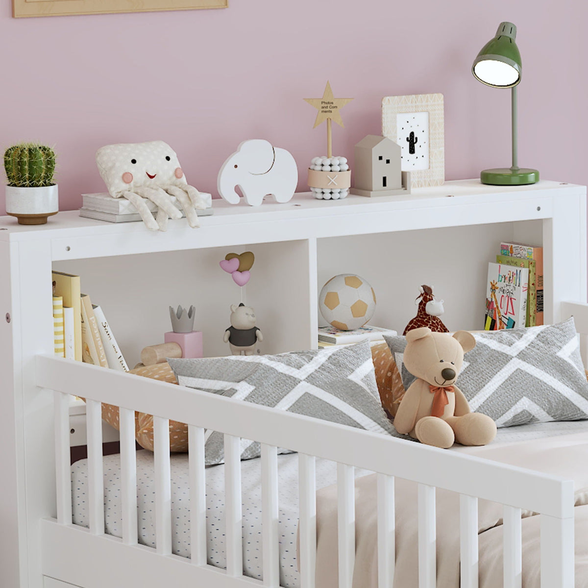 Bed With Headboard Storage Rack, 2 Under Bed Drawers, 3 Side Guardrails For Safety by Unique Piece Furniture
