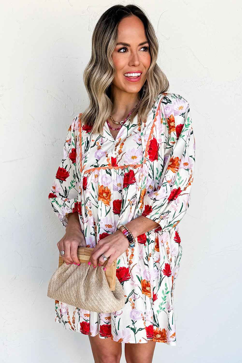 Beige Floral Print 3/4 Puff Sleeve Ricrac Trim Mini Dress by Wild and Free Boutique