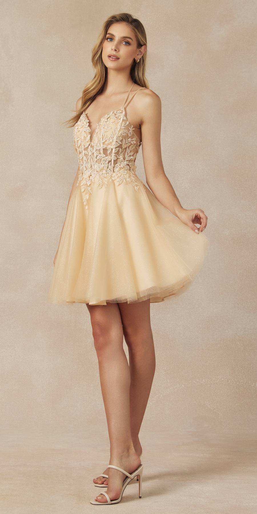Juliet 864 Leaf Lace Embroidered Bodice Glitter Tulle Dress by DiscountDressShop