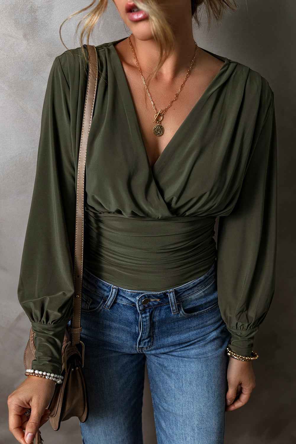 Moss Green Ruched Wrap V Neck Long Sleeve Bodysuit by Wild and Free Boutique