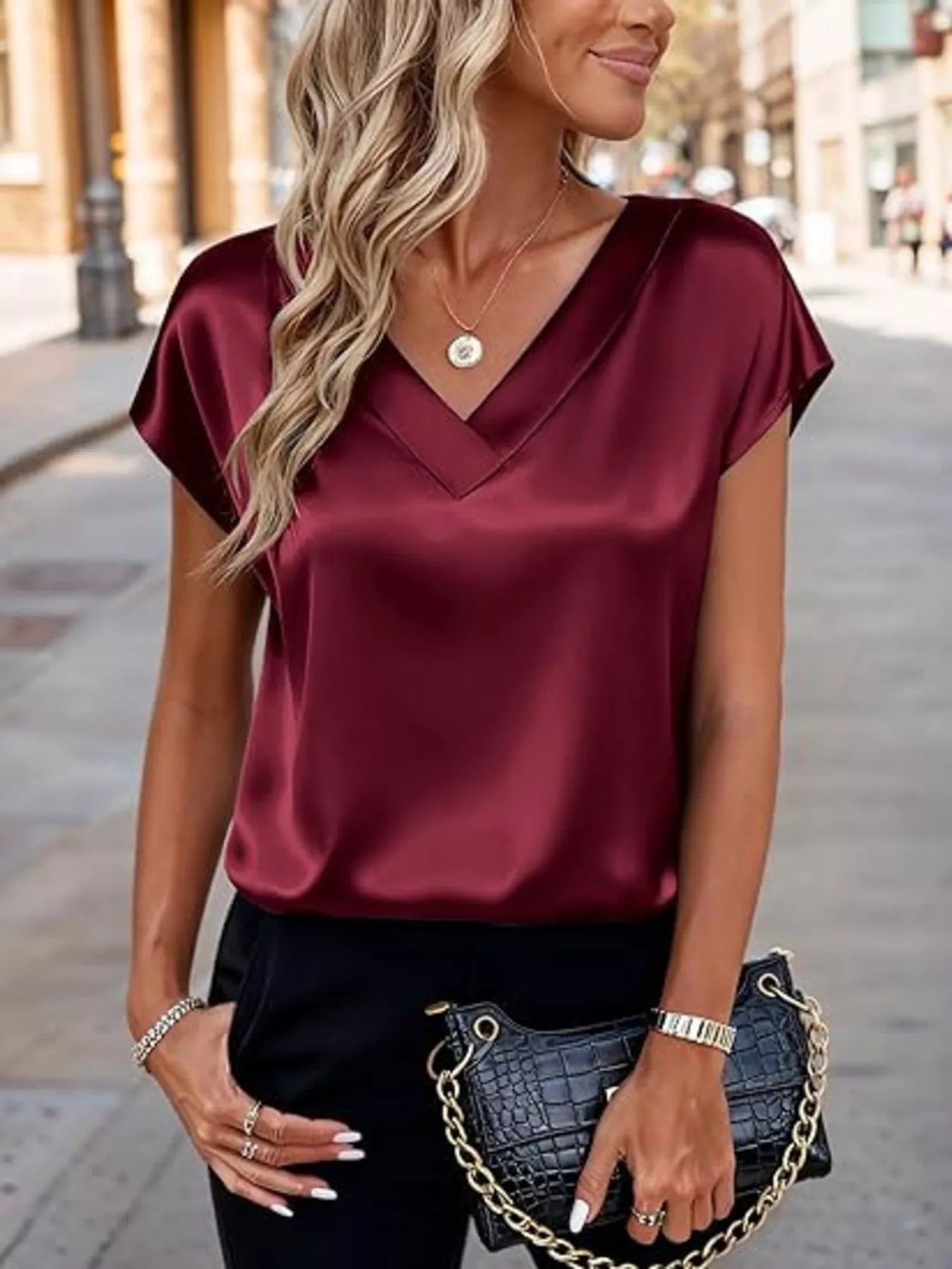 Satin V-Neck Short Sleeve Blouse by Wild and Free Boutique