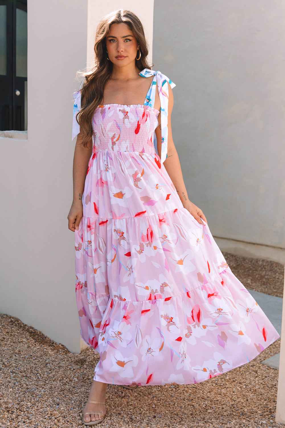 Pink Floral Print Knotted Shoulder Smocked Maxi Dress by Dear-Lover Dropshipping
