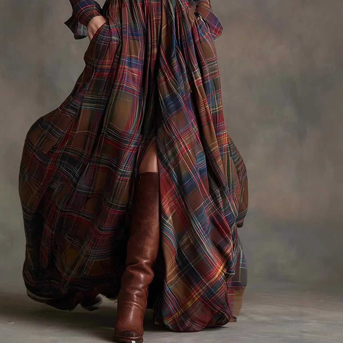 European American Women's Long Sleeve Plaid Maxi Dress for Women with Button Pocket - Autumn Casual Retro Vestidos by AliExpress