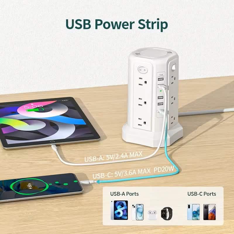 Surge Protector Tower 1800J with 4 USB A Ports, USB C (PD18W) Port, 12 AC Outlets and 10FT Cord by DailySale