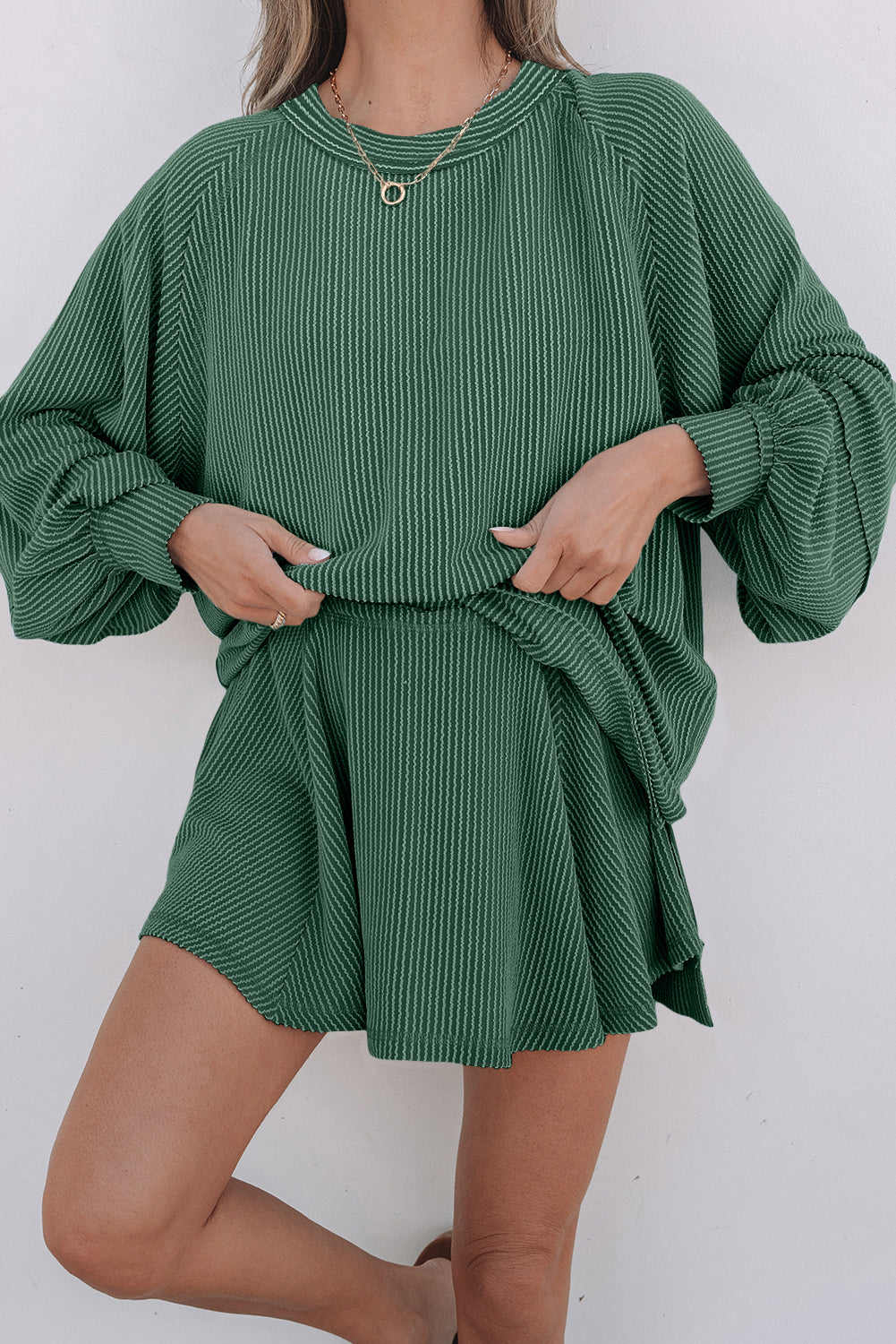 Jet Stream Corded Lantern Sleeve Top High Waist Ruffled Mini Skirt Set by Wild and Free Boutique