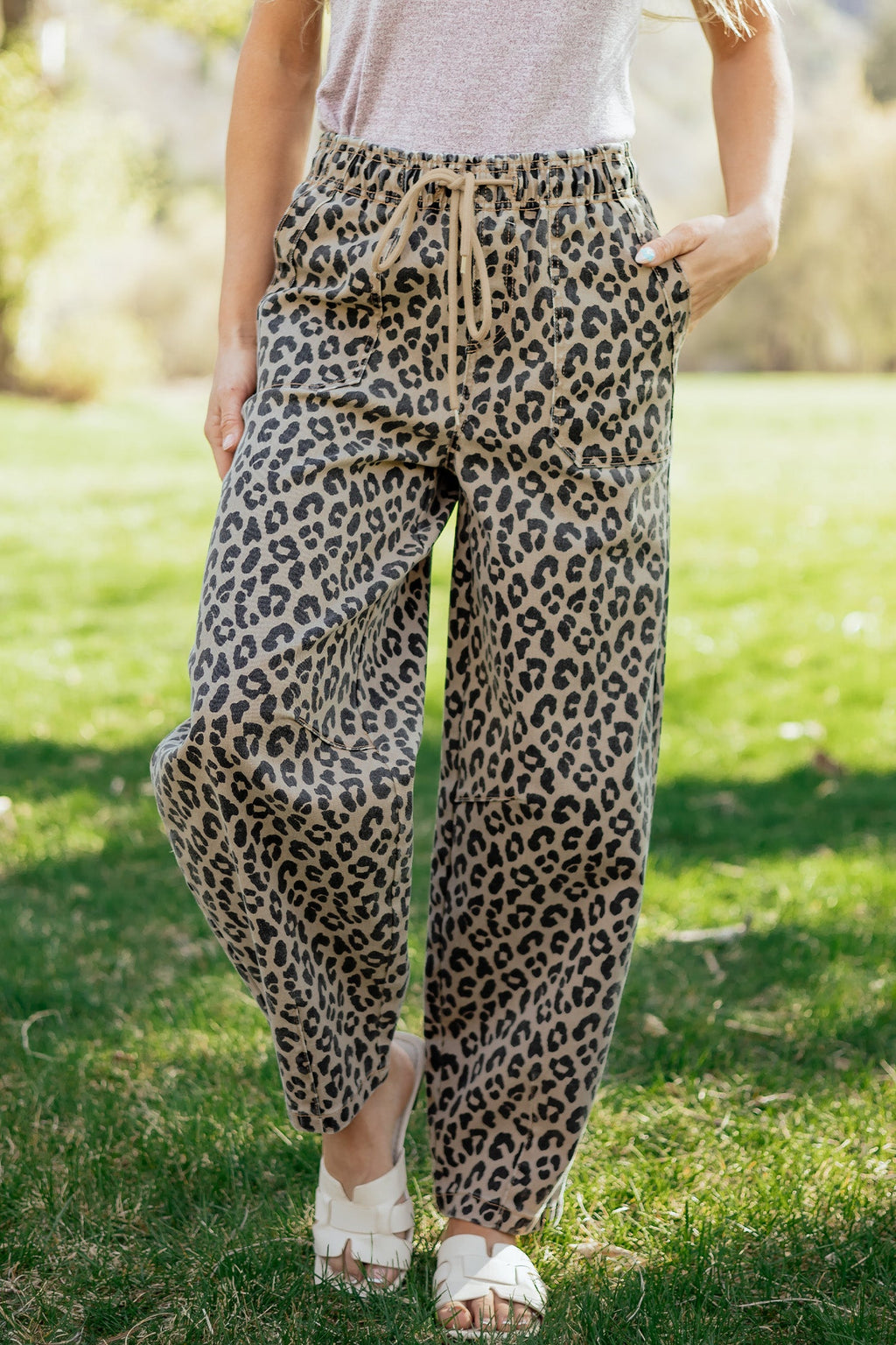 Khaki Leopard Print Drawstring Elastic Waist Loose Denim Pants with Pockets by Wild and Free Boutique