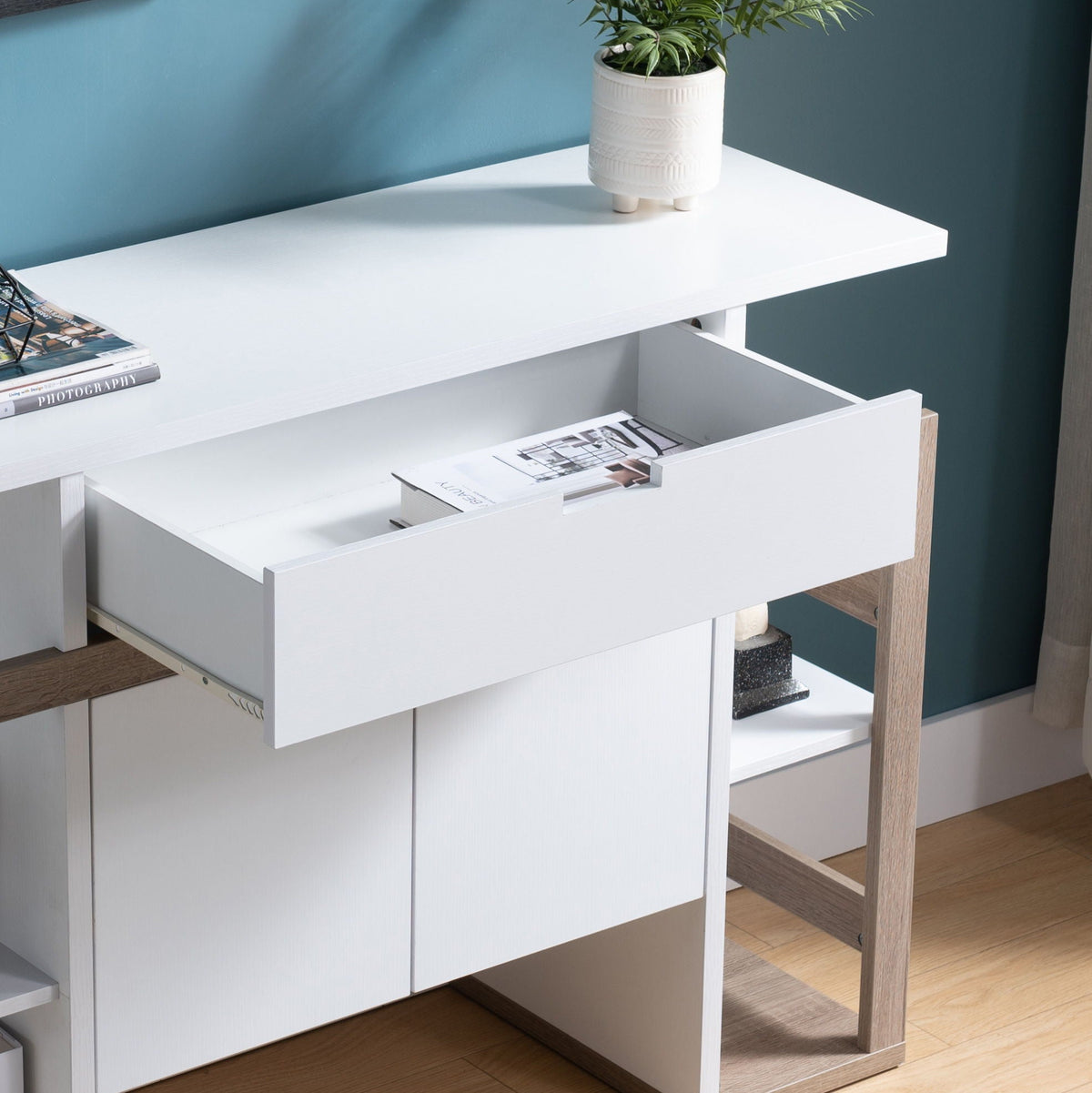 Modernize Kitchen Buffet Organizing Cabinet With 4 Shelves - White / Dark Taupe by Unique Piece Furniture