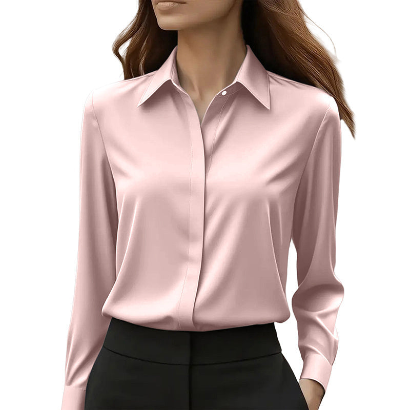 Loose Fit Satin Blouse — V-Neck Long Sleeve Tunic Top for Office & Casual Wear by FitiqueFit