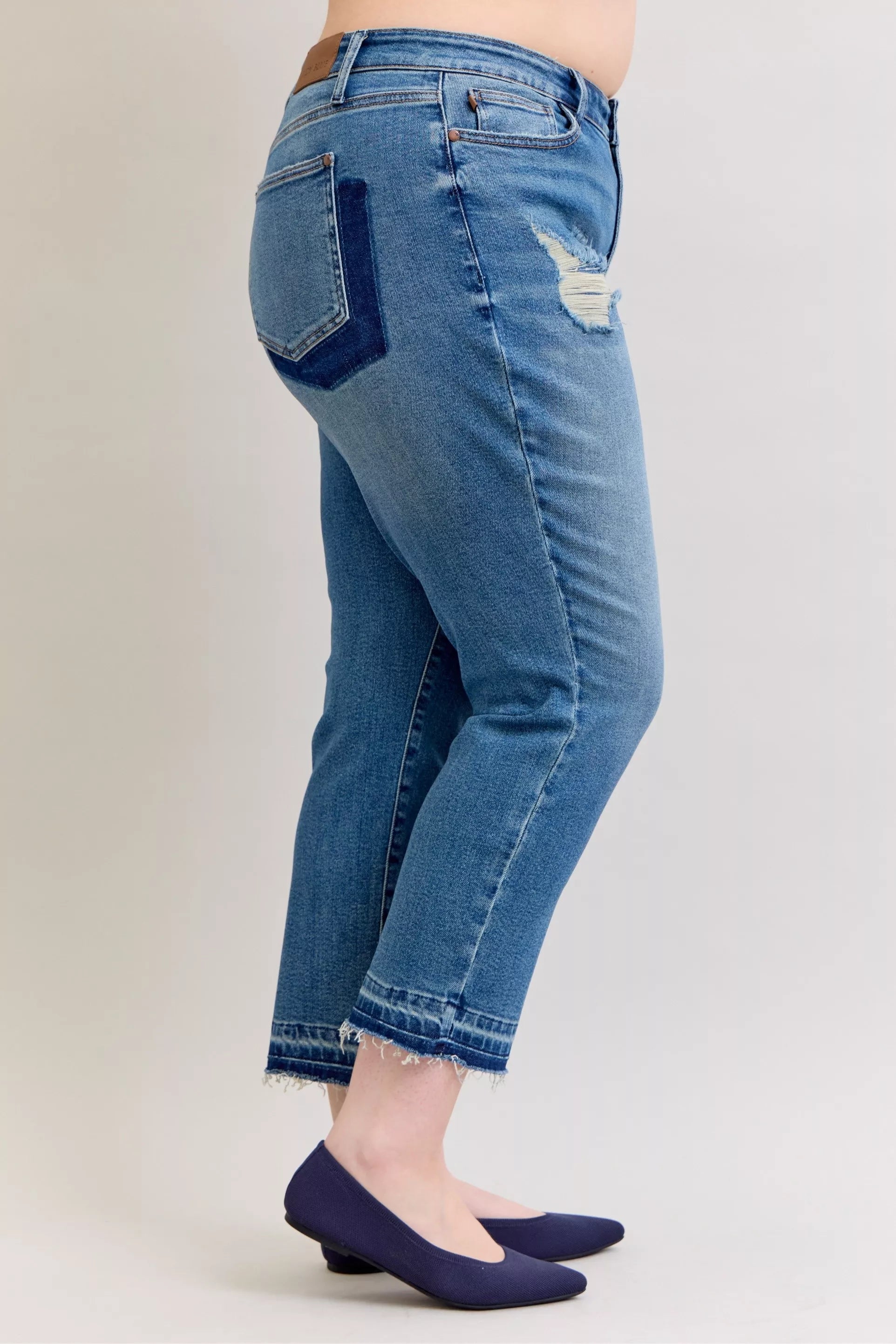 Judy Blue Full Size Mid Rise Bf Patch & Repair Destroy Release Hem Jeans Plus Size by Wild and Free Boutique