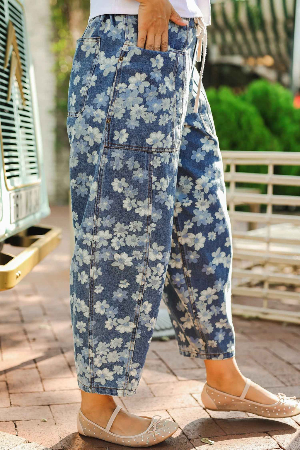 Sky Blue Dainty Floral Printed Drawstring Barrel Jeans by Wild and Free Boutique