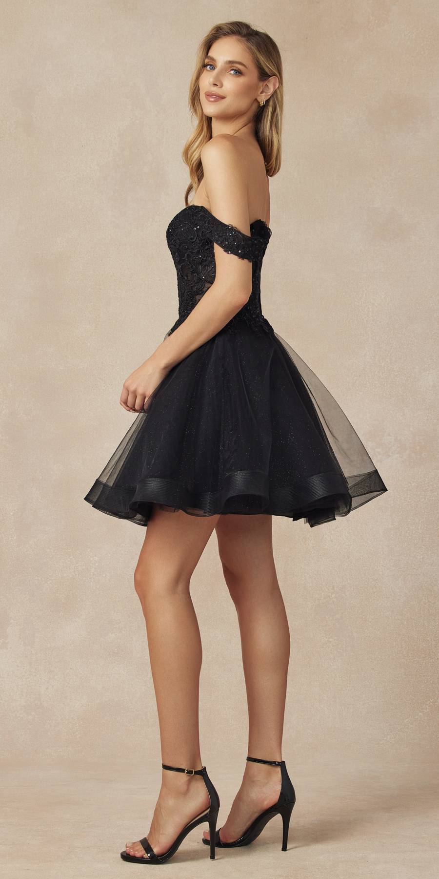 Juliet 880 Glitter Tulle A-Line Cold-Shoulder Homecoming Dress. by DiscountDressShop