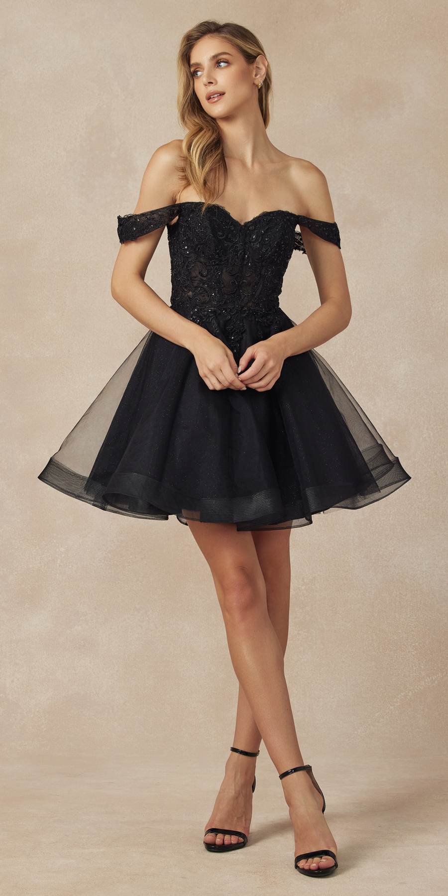 Juliet 880 Glitter Tulle A-Line Cold-Shoulder Homecoming Dress. by DiscountDressShop