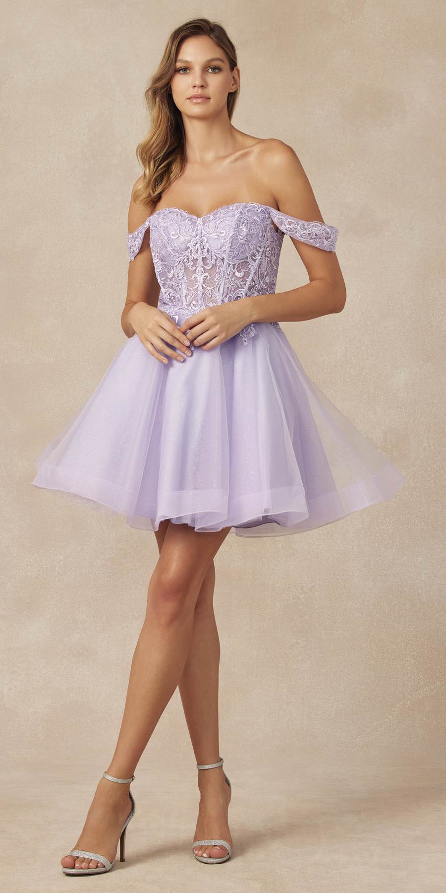 Juliet 880 Glitter Tulle A-Line Cold-Shoulder Homecoming Dress. by DiscountDressShop