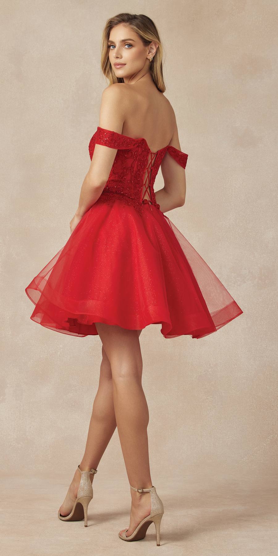 Juliet 880 Glitter Tulle A-Line Cold-Shoulder Homecoming Dress. by DiscountDressShop