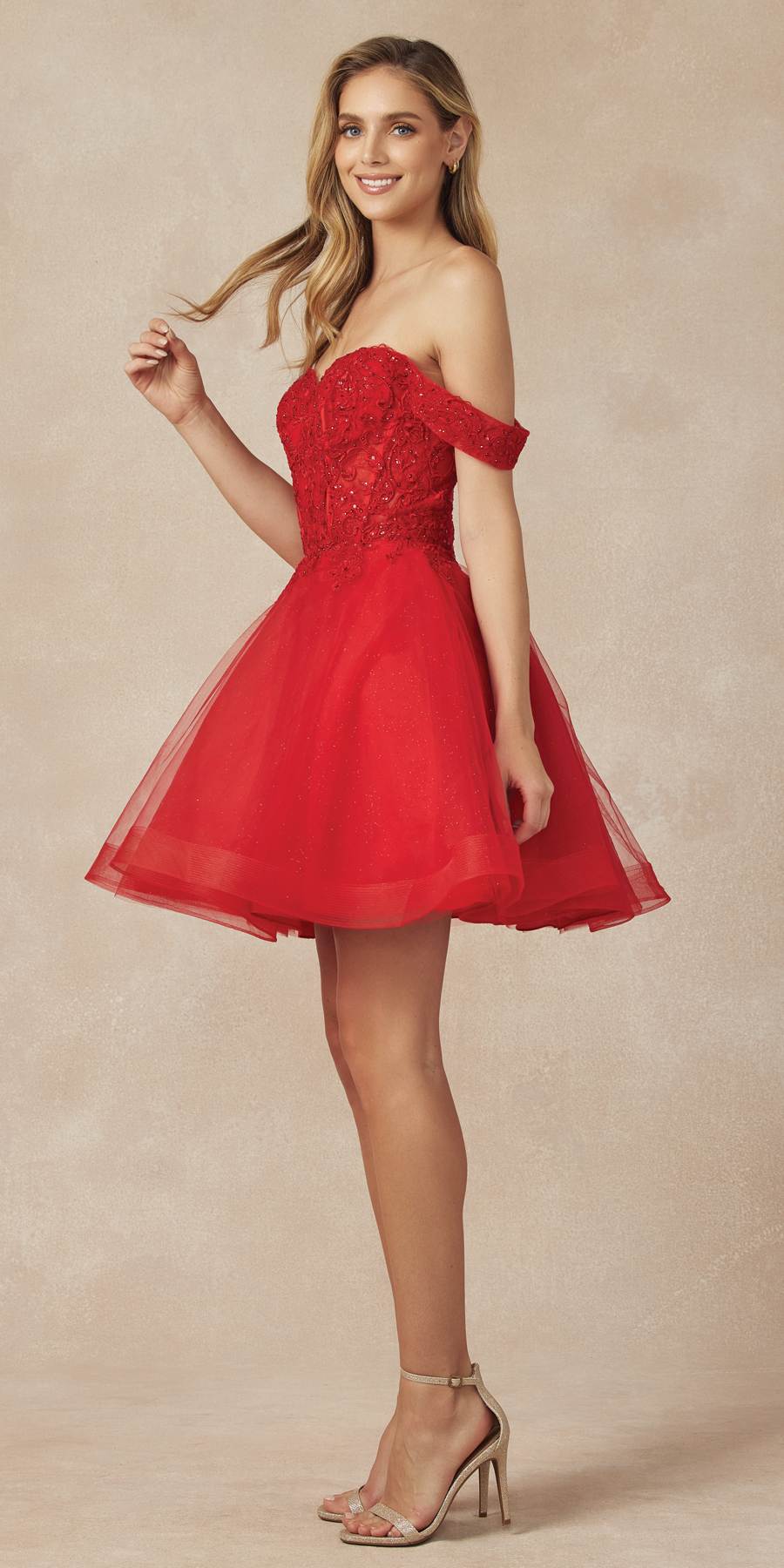 Juliet 880 Glitter Tulle A-Line Cold-Shoulder Homecoming Dress. by DiscountDressShop