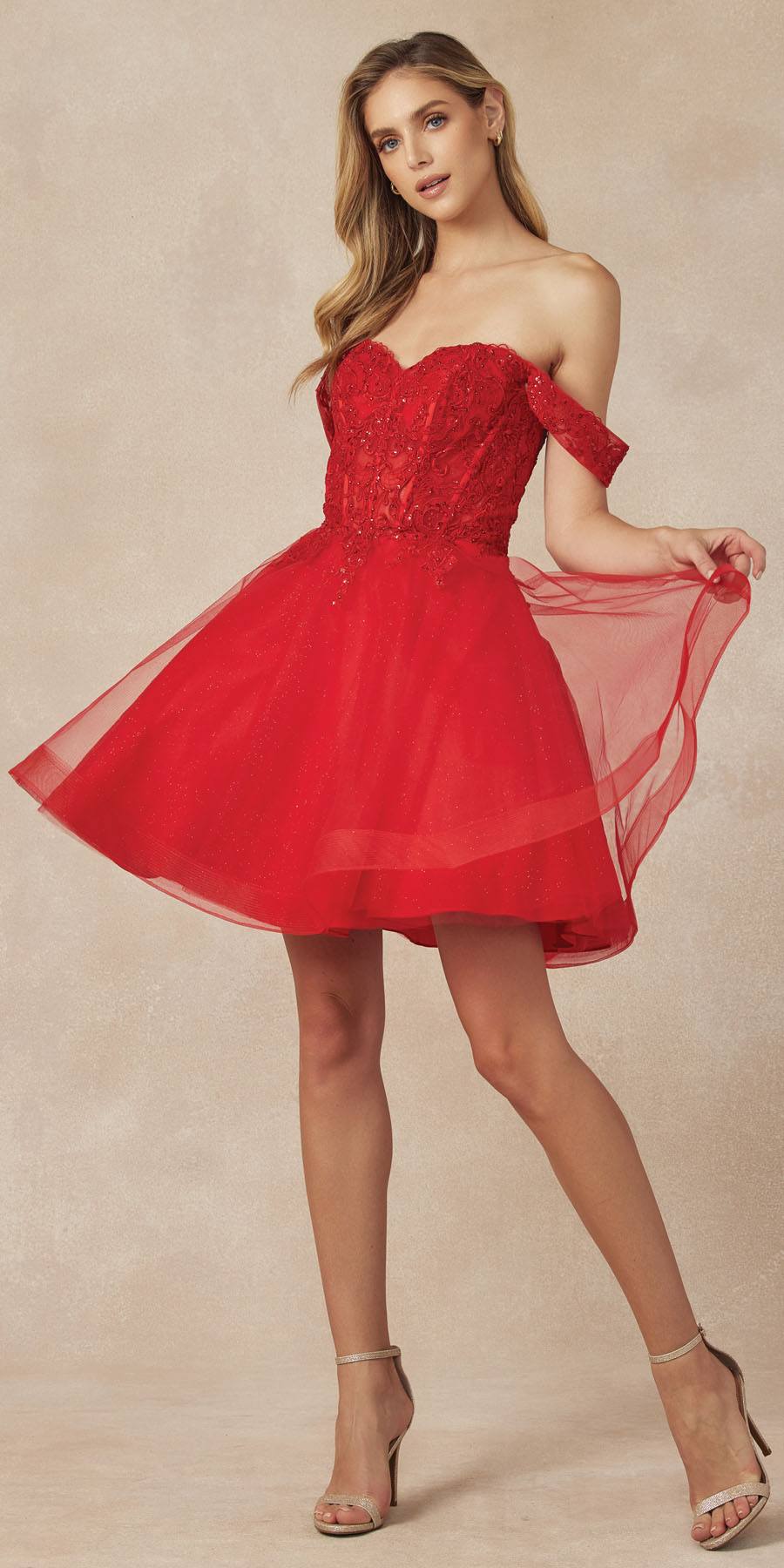 Juliet 880 Glitter Tulle A-Line Cold-Shoulder Homecoming Dress. by DiscountDressShop