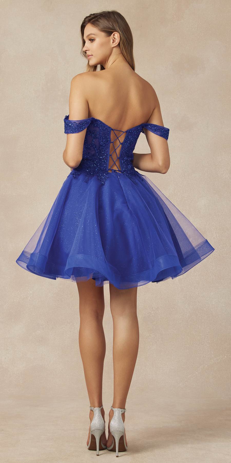 Juliet 880 Glitter Tulle A-Line Cold-Shoulder Homecoming Dress. by DiscountDressShop