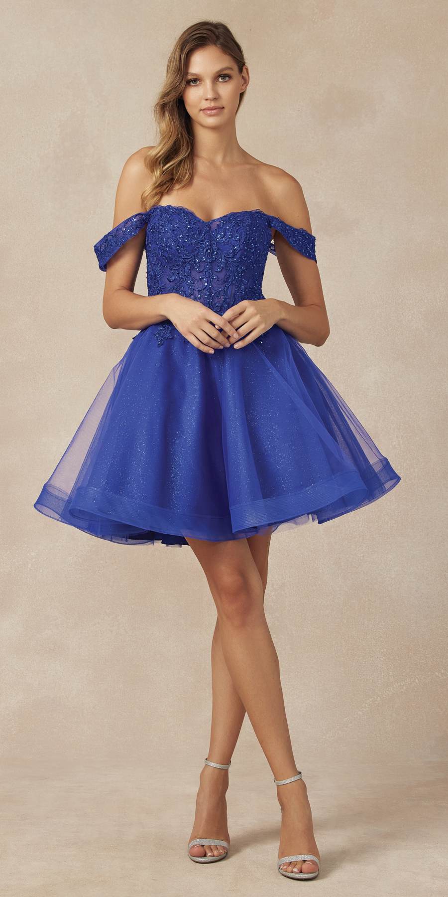 Juliet 880 Glitter Tulle A-Line Cold-Shoulder Homecoming Dress. by DiscountDressShop