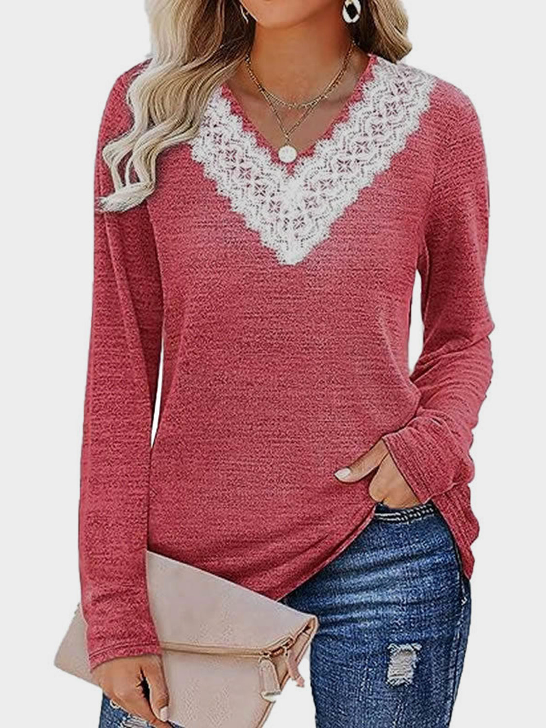 Lace Detail V-Neck Long Sleeve T-Shirt by Wild and Free Boutique