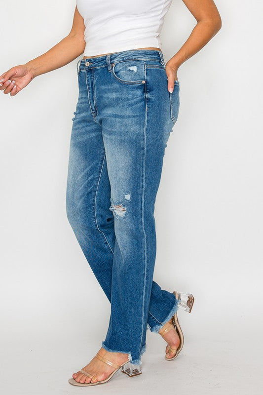 bytos Full Size Raw Hem Distressed Mid Rise Straight Jeans by Wild and Free Boutique
