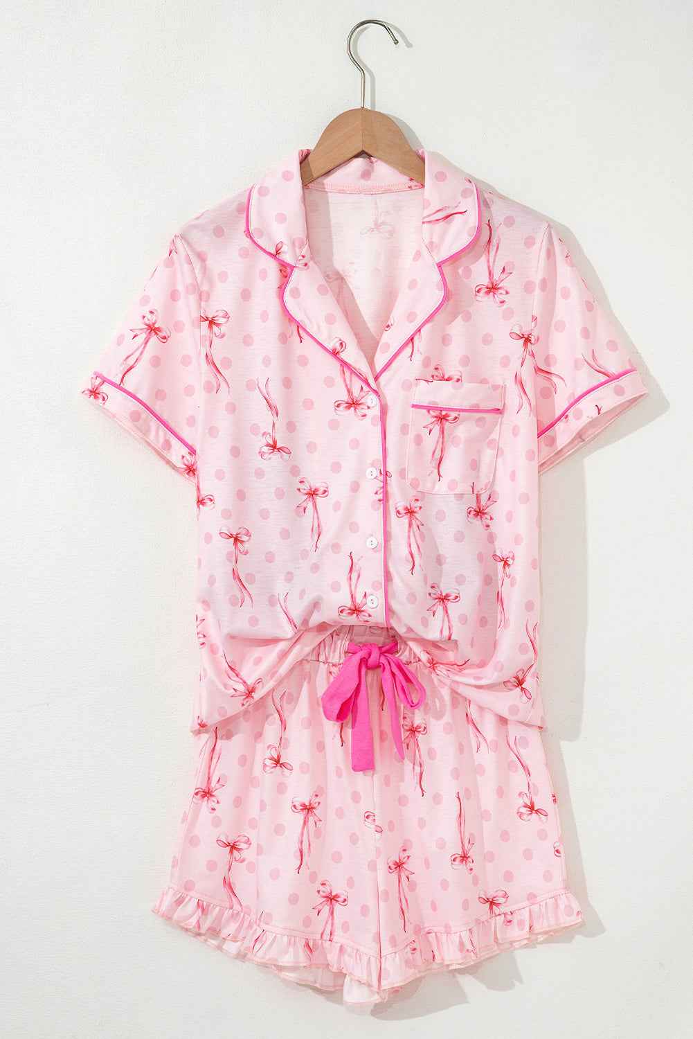 Pink Bow Print Contrast Pipping Short Pajamas Set by Wild and Free Boutique