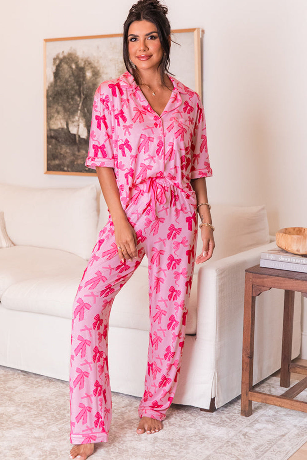 Pink Bow Knot Print Lapel Collar Short Sleeve and Pants Pajamas Set by Dear-Lover Dropshipping
