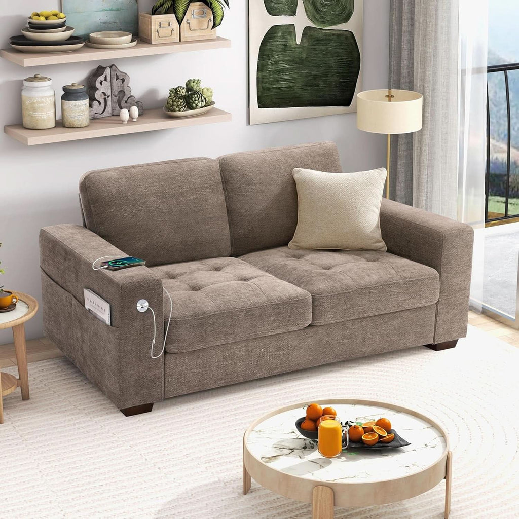 70 Inch Gray Chenille Loveseat With USB C Ports And Plush Cushions by ShipItFurniture