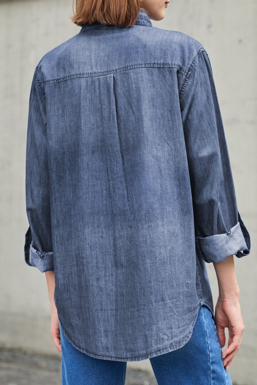 Pocketed Collared Neck Long Sleeve Denim Top by Wild and Free Boutique