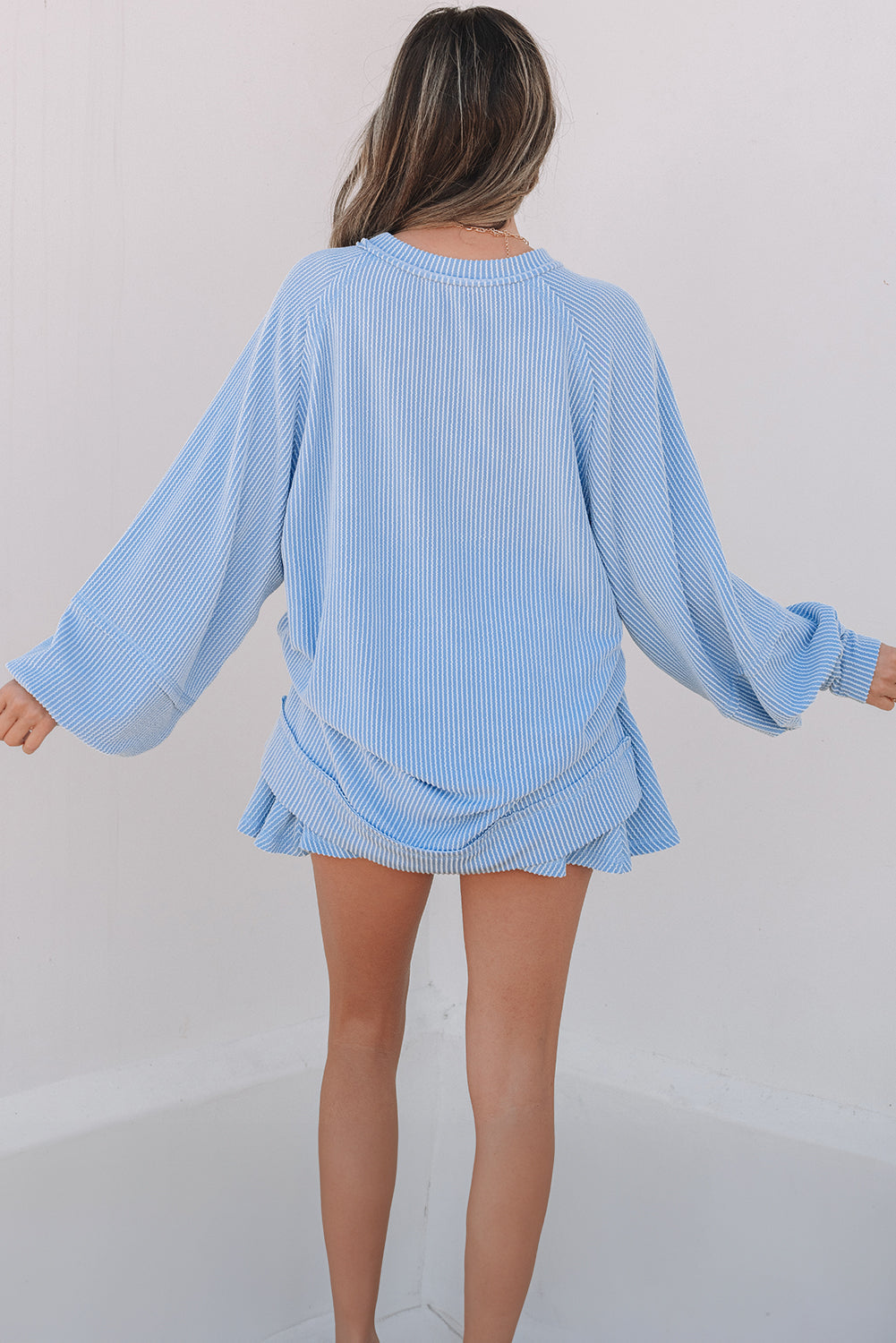 Jet Stream Corded Lantern Sleeve Top High Waist Ruffled Mini Skirt Set by Wild and Free Boutique