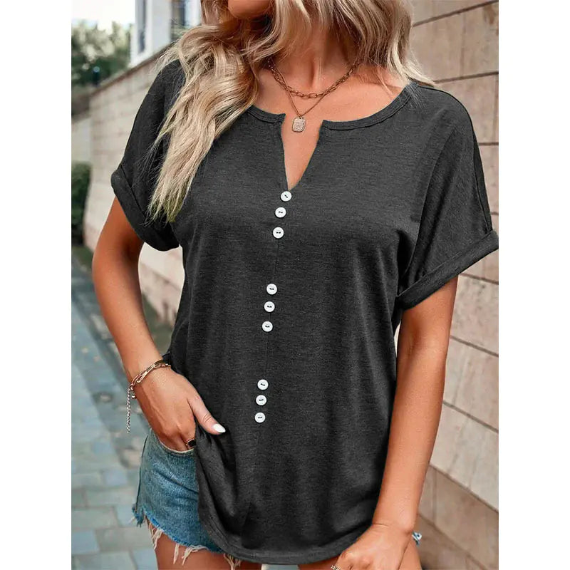 Summer V-neck Short Sleeve Button Design Blouse by Trendy Attic Store01