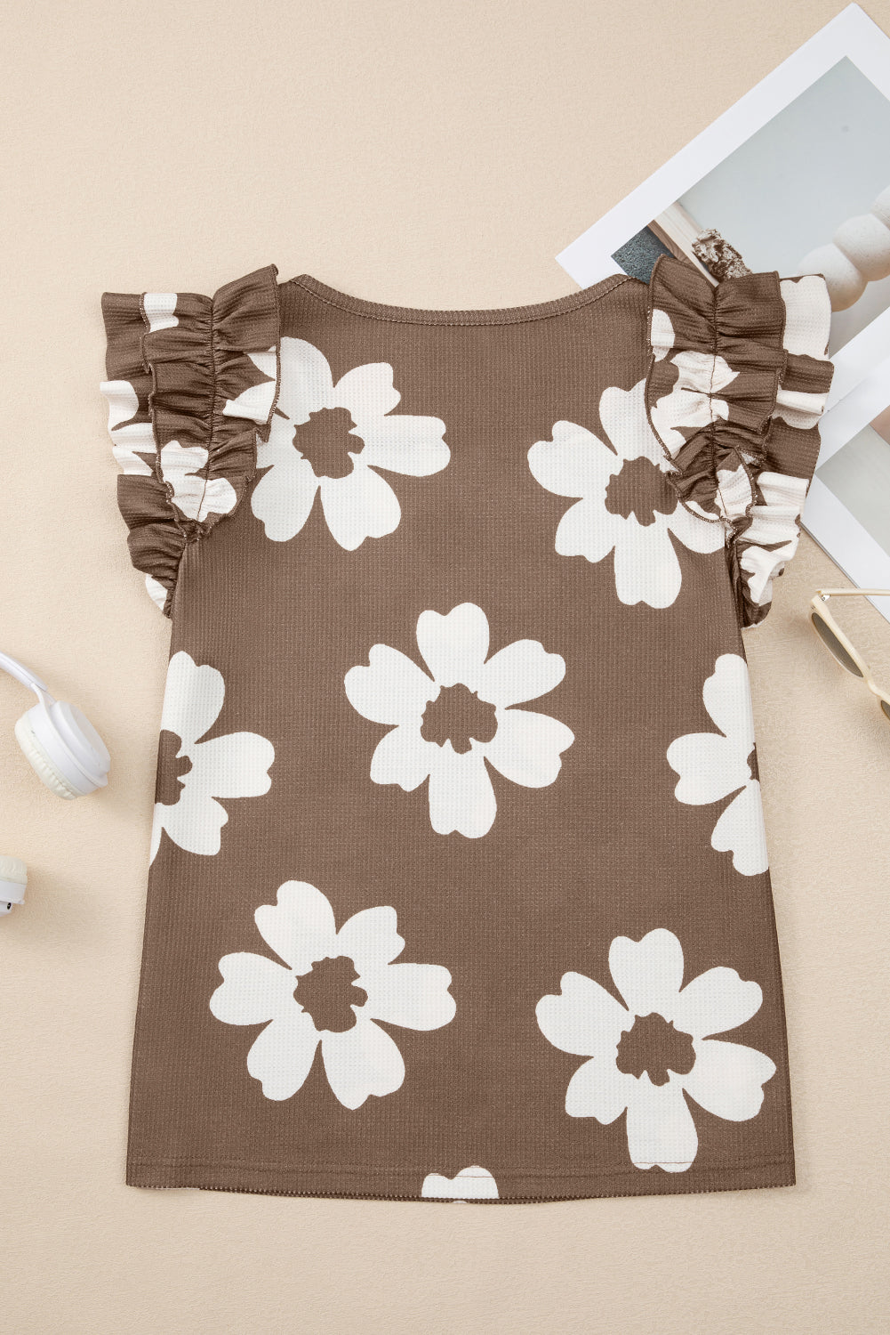 Brown Floral Textured Ruffled Short Sleeve Square Neck Blouse by Wild and Free Boutique