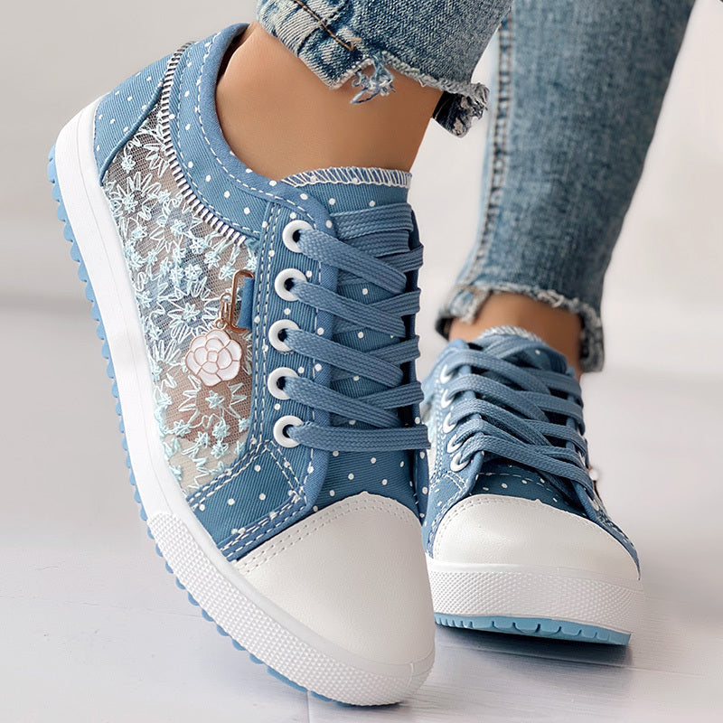 Floral Embroidered Polka Dot Print Sneakers — Women’s Casual Canvas Shoes by FitiqueFit