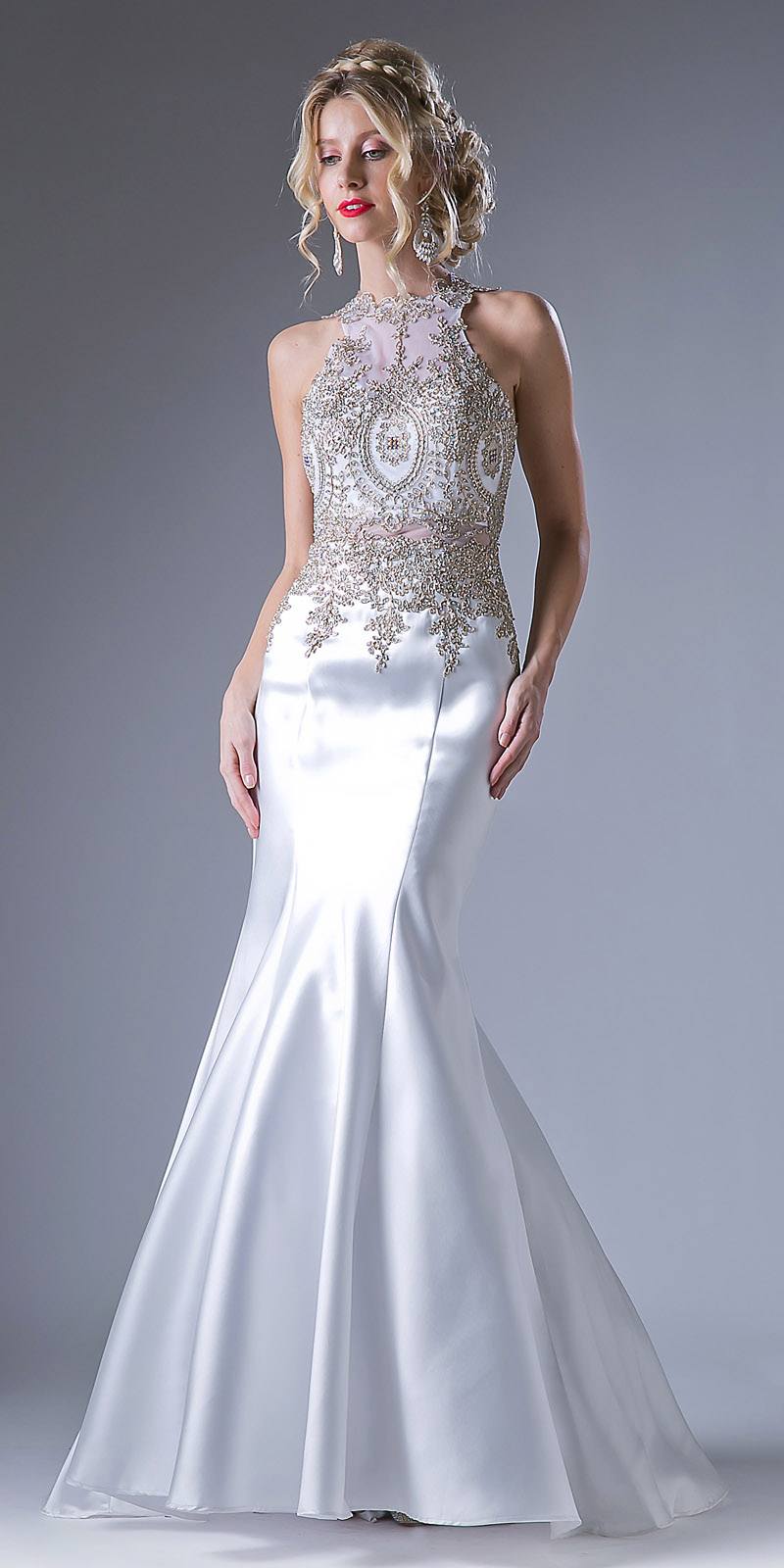 Cinderella Divine 8934 Embroidered Bodice Mermaid Gown Cut Out Back by DiscountDressShop
