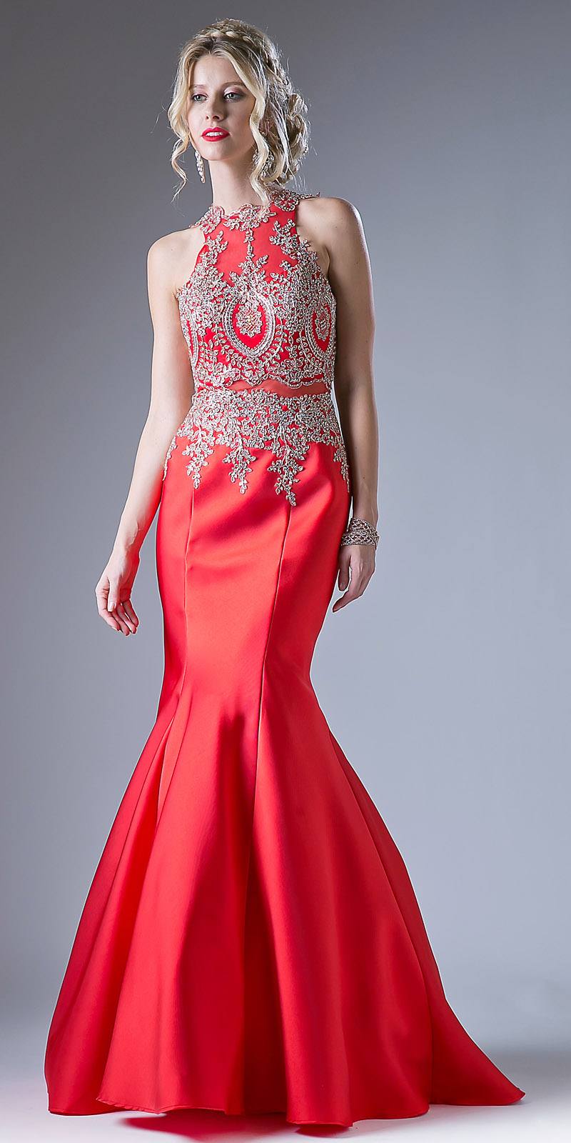 Cinderella Divine 8934 Embroidered Bodice Mermaid Gown Cut Out Back by DiscountDressShop