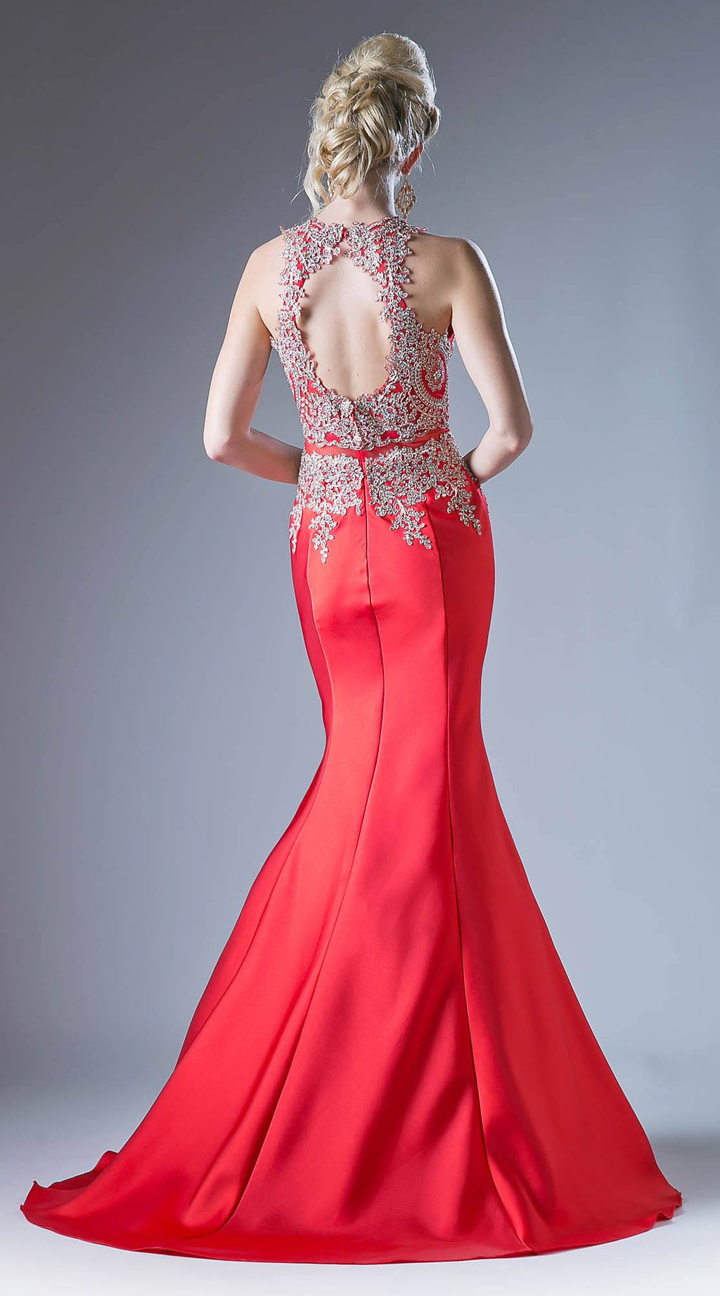 Cinderella Divine 8934 Embroidered Bodice Mermaid Gown Cut Out Back by DiscountDressShop