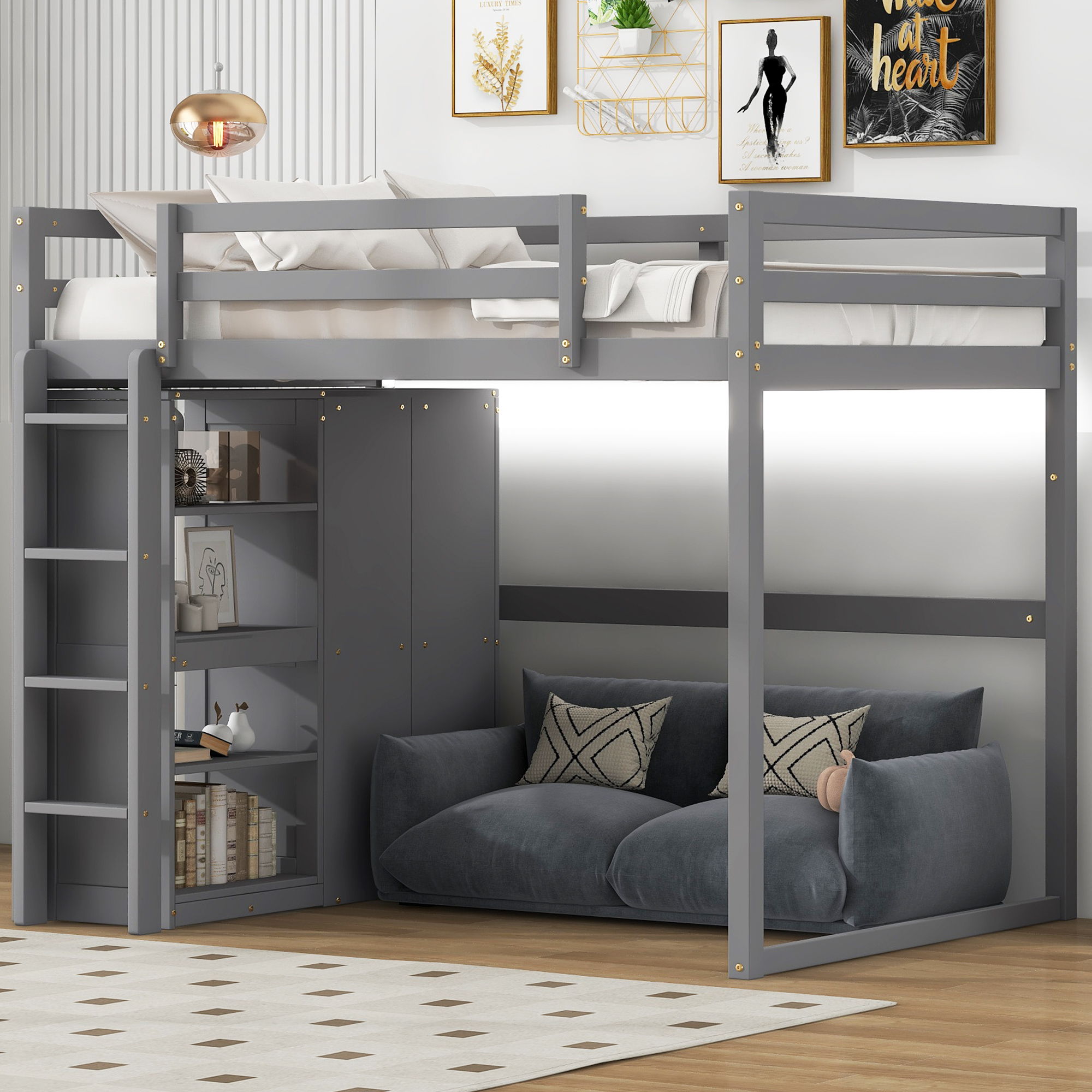 Loft Bed With Built In Wardrobe, Storage Shelves, And LED Light by Unique Piece Furniture